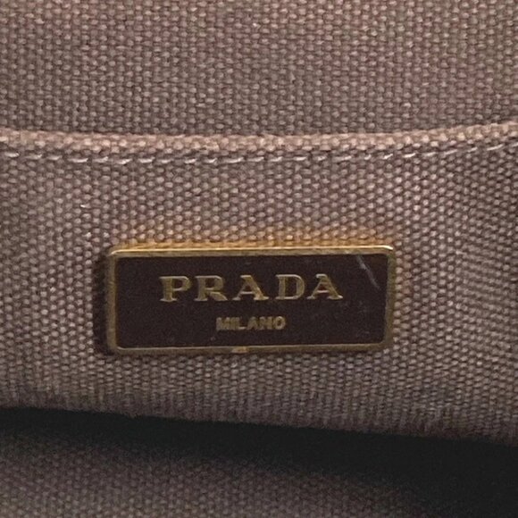 PRADA Canapa logo border Bag Tote Bag Hand Bag Canvas Brown/White - Picture 11 of 15